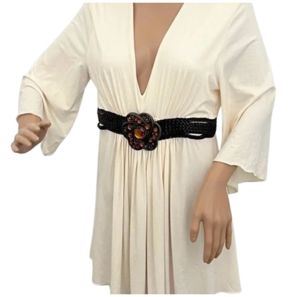 Boston Proper Long Sleeve Flowy Cream Tunic Blouse w/ Brown Jeweled Belt -Size M